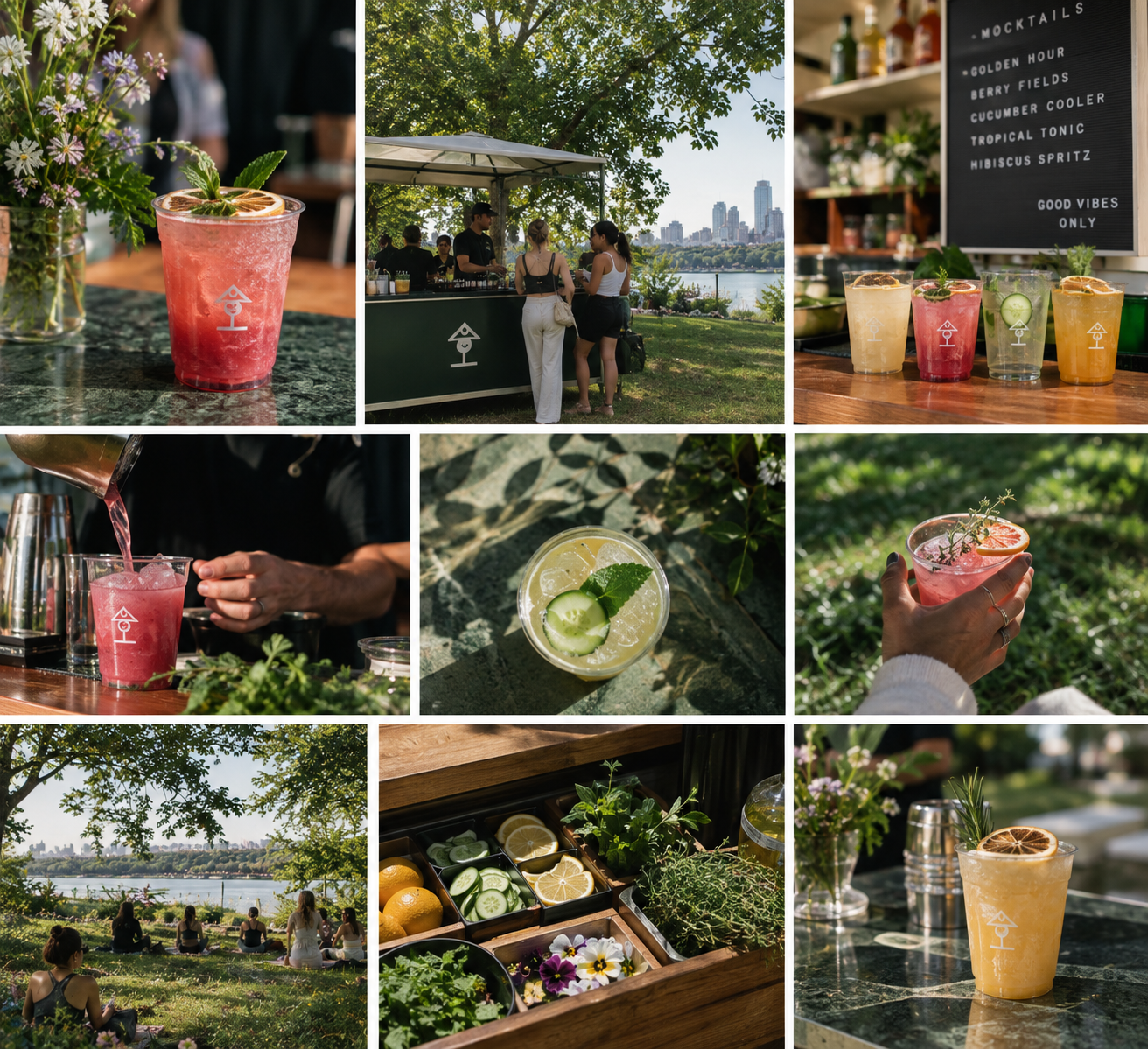 PINKYS UP mocktails, the cart, a park gathering, and the garnish station